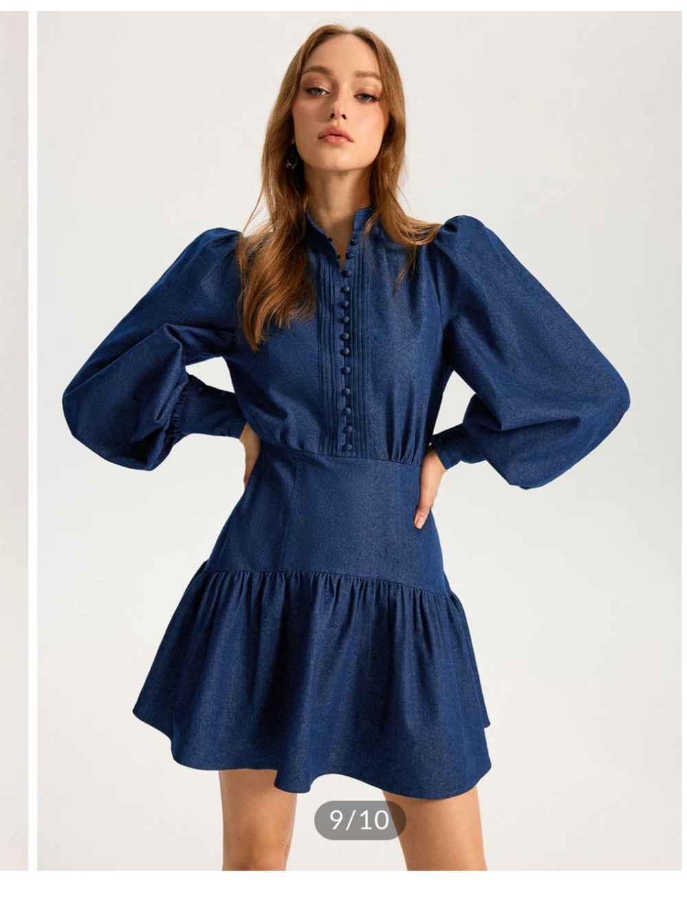 Denim Stand Collar Puff Sleeve Mini Dress
